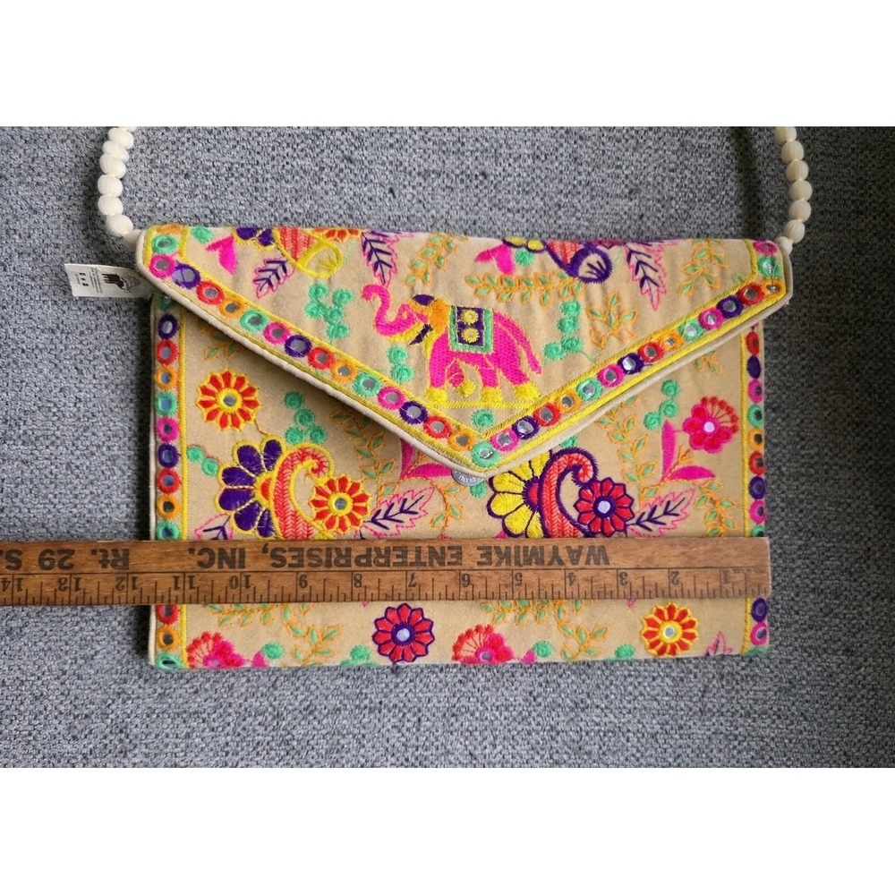 Embroidered Crossbody Bag Elephant PomPom Strap Boho Festival Purse - Picture 4 of 14